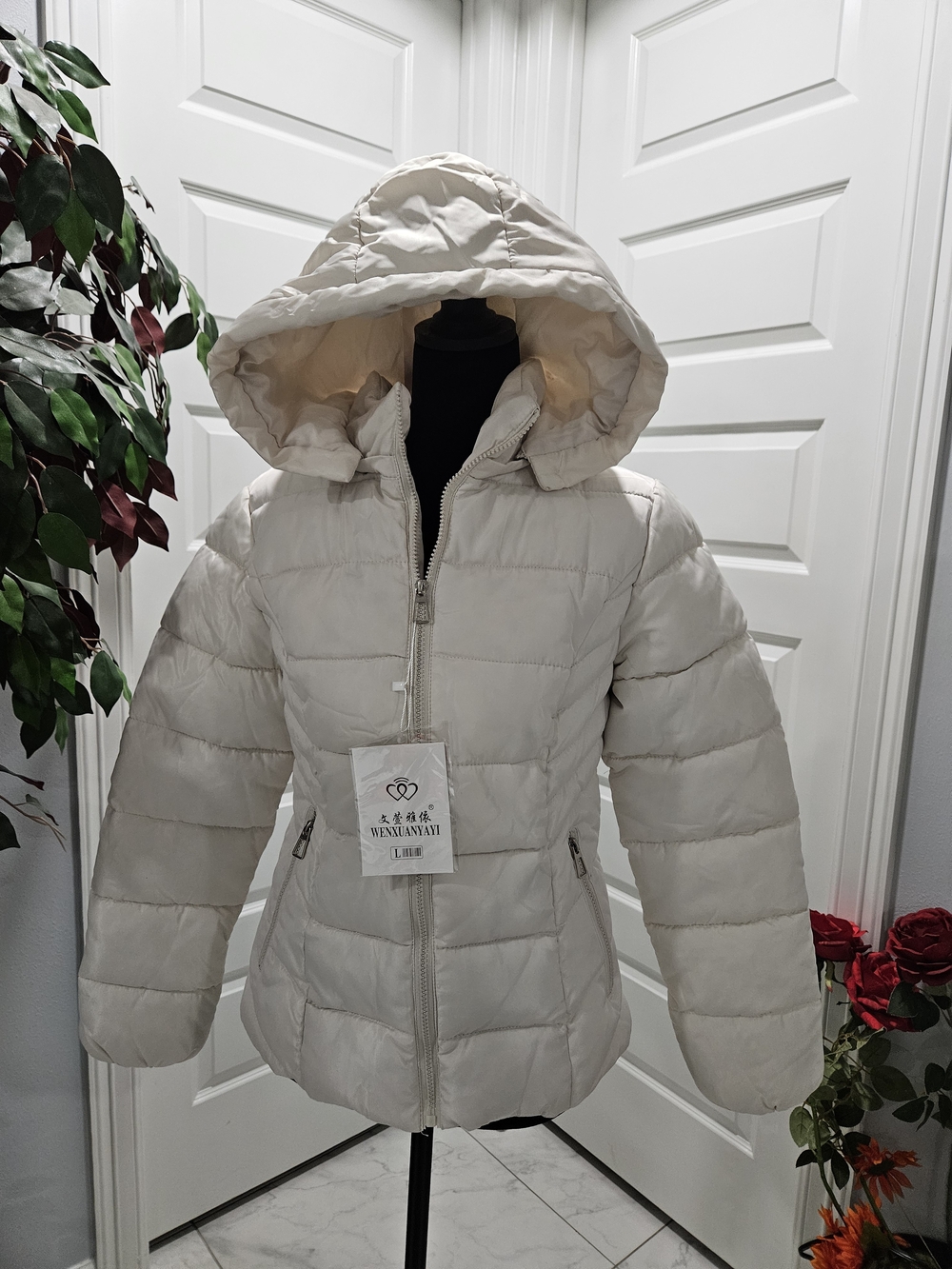 Lightweight Cream Hooded Puffer Jacket for Women